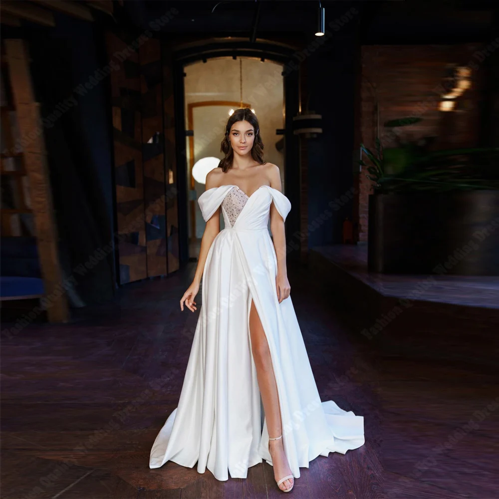 Off The Shoulder Sleeveless Wedding Dresses Classic Lace Appliques A-Line Bridal Gowns Graceful Forking Vestidos De Novias 2024