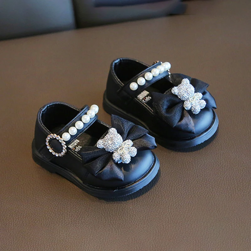 Baby Girl Princess Fashionable Pearl Bow Bear Shoes Soft Sole Toddler Shoes Mary Jane Flat Leather Shoes