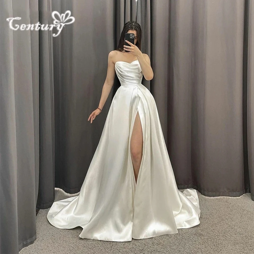 

Simple Plain Satin Wedding Dresses 2025 Sweetheart Lace Up Side Slit Pleats Elegant Civil Bridal Gowns for Bride Customized