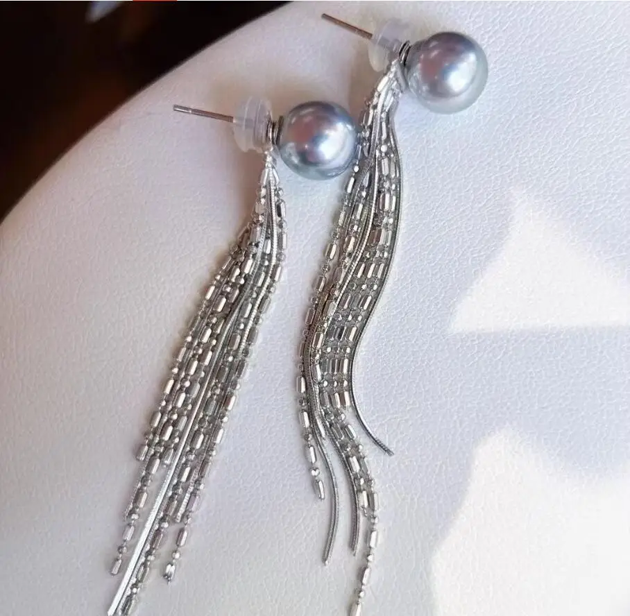 Stunning Pair of 8-9mm natural south sea gray gold round pearl earring 925s