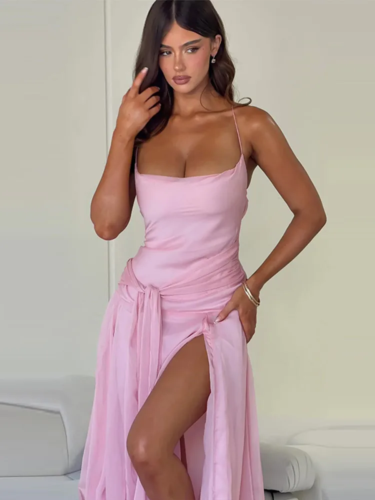 Asymmetrisches Langes Schnürkleid für Damen Sexy Spaghetti-Träger Ärmellos Rückenfrei Hoher Schlitz Schlankes Party-Abendkleid Neues Vestido – Detail 3