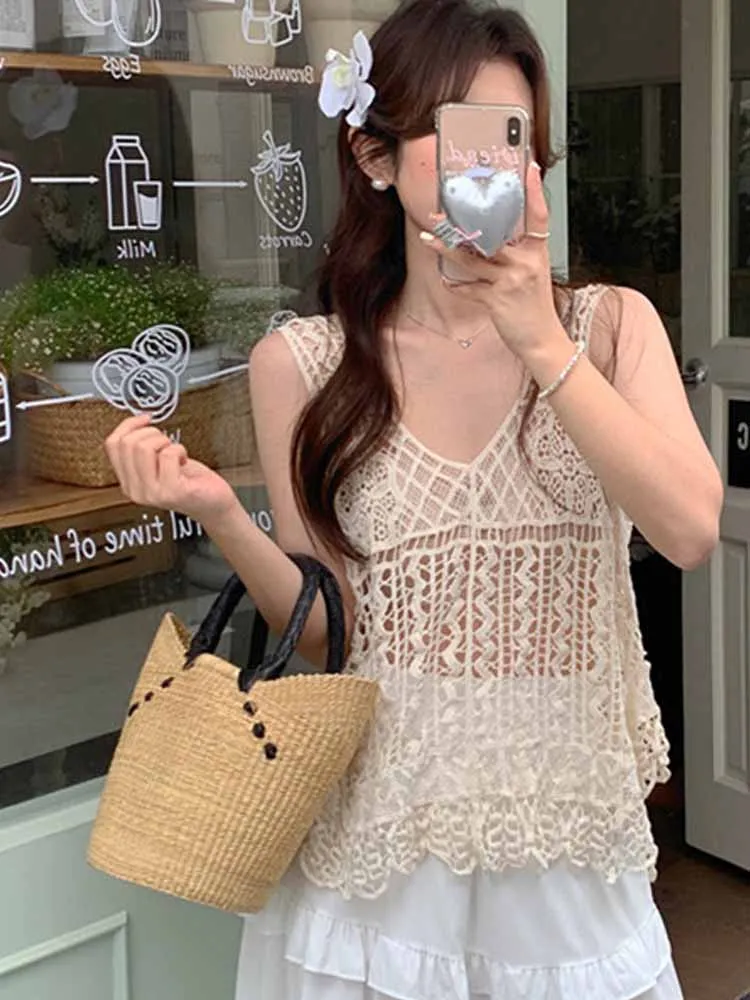 N Sle Band Vest 2024 Nieuwe Dames Bovenkleding Gebreide Zomer Hollow Out Top Svel V-Ne Regular Fit Kleur