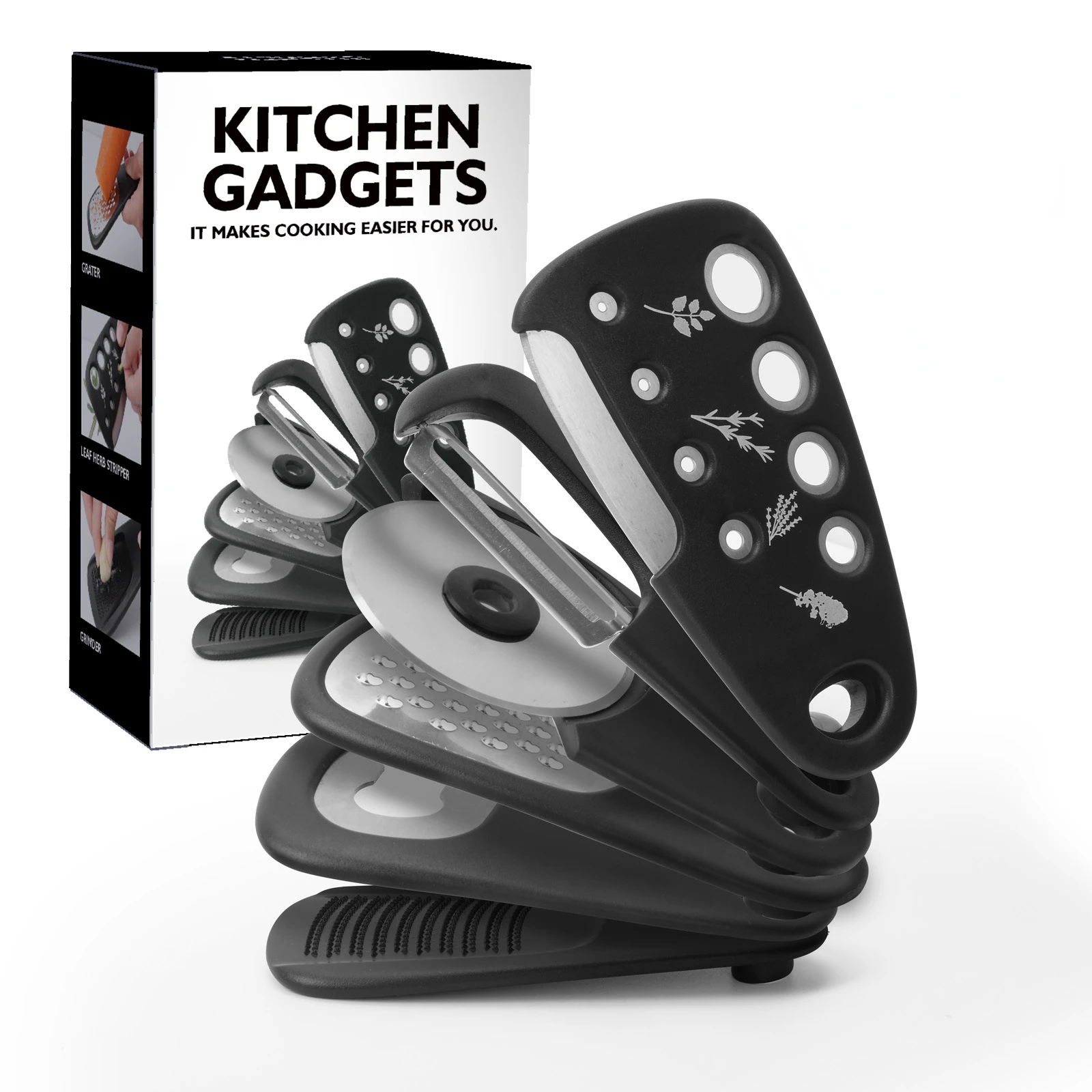 

Stackable kitchen tools, 6 pieces - Melon shaver, Vanilla cutter, Garlic grinder, Can opener, Cheese shaver, Pizza knife