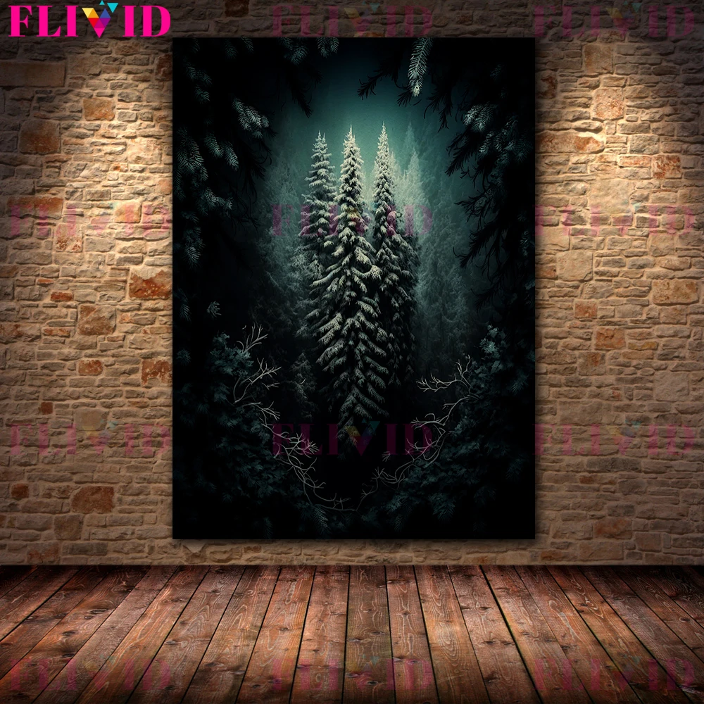 Creepy Pine Mountain Forest In The Cold Winter Vintage Wall Art Canvas Print Ai Generated Terror Jungle Art Poster Print Decor