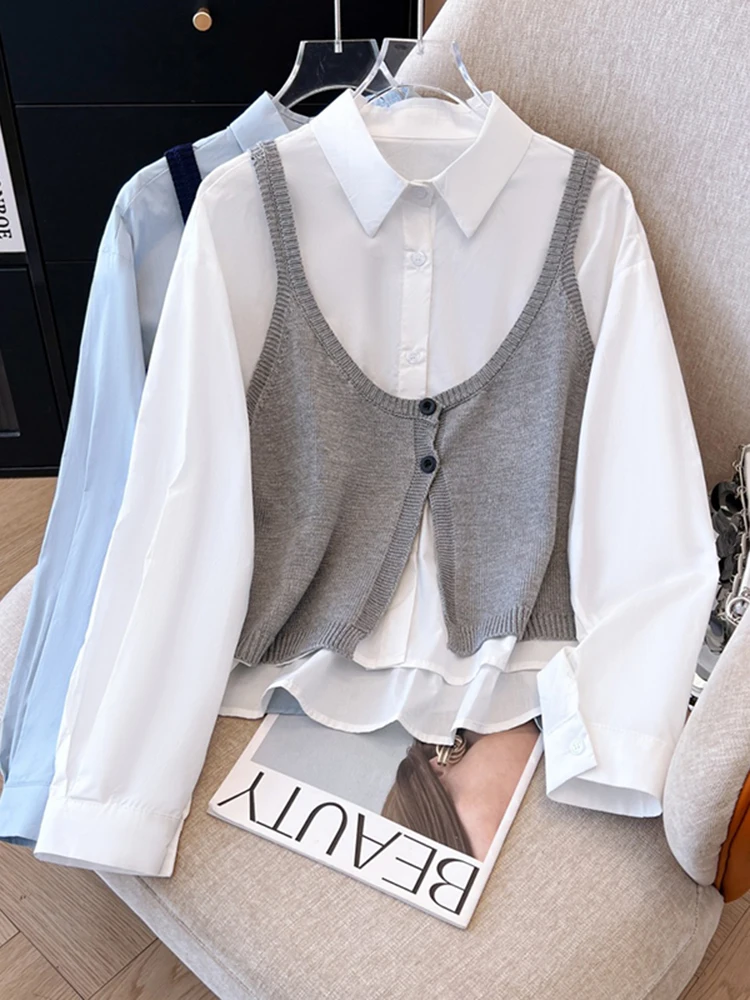 

Корейский многослойный вязаный жилет для женщин, новинка весенней коллекции, с воротником, модный комплект из двух предметов: топ и юбка с высокой талией, повседневный, для отдыха