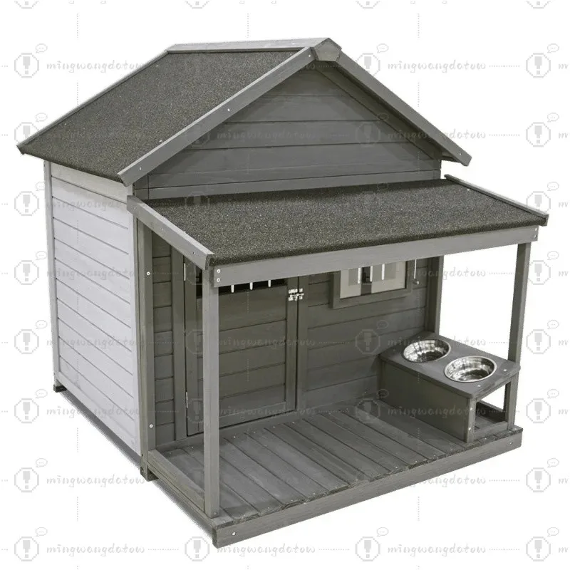 Casa de Perro Multifuncional de Madera – Caseta para Exteriores Resistente al Viento y al Agua con Visera Solar y Comedero, Tamaño Grande