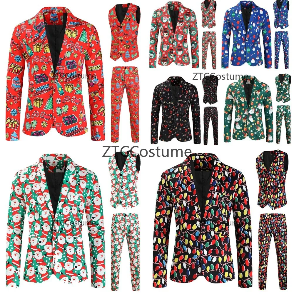 

Новогодний костюм для мужчин: пиджак, брюки, жилет с праздничным принтом, комплект для вечеринки, блейзер для взрослых