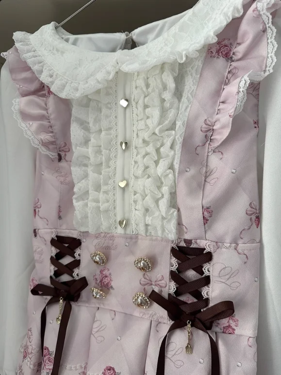 

Japanese-style Sweet Girls New Doll Collar Printed Slim Fit Long-sleeve Dress and Base Skirt Ultra-detailed Two Piece Set
