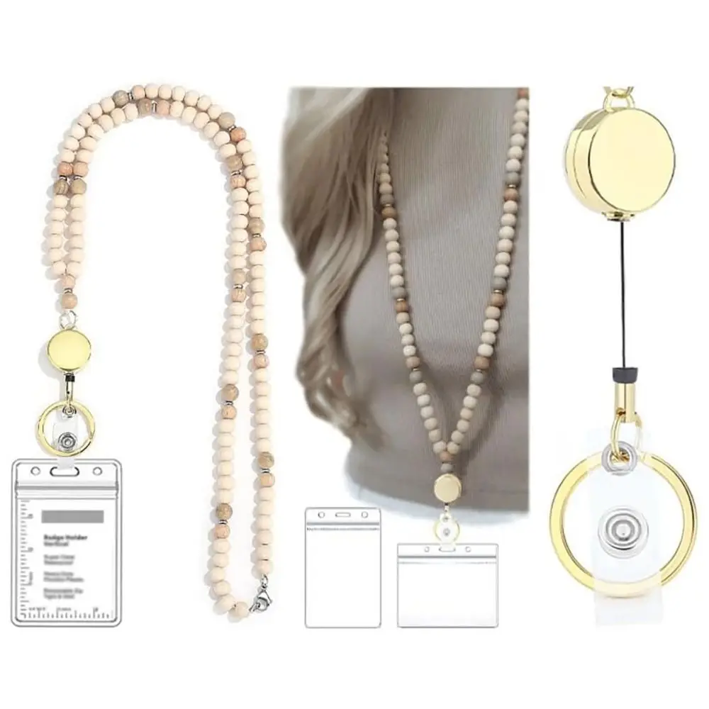 Retractable ID Badge Holder Lanyard Stainless Steel Clasp Natural Wood Bead Wood Beaded Lanyard Convenient with 2pcs Card Holder