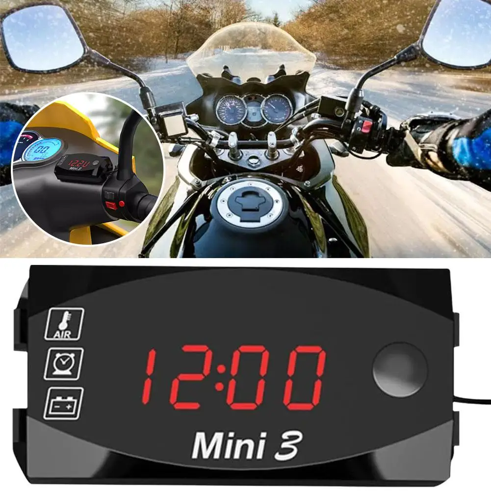 3 In 1 Digital Time Clock Thermometer Voltage Voltmeter LED Display Motorcycle IP67 Waterproof Tester For Car Boat K1Q1