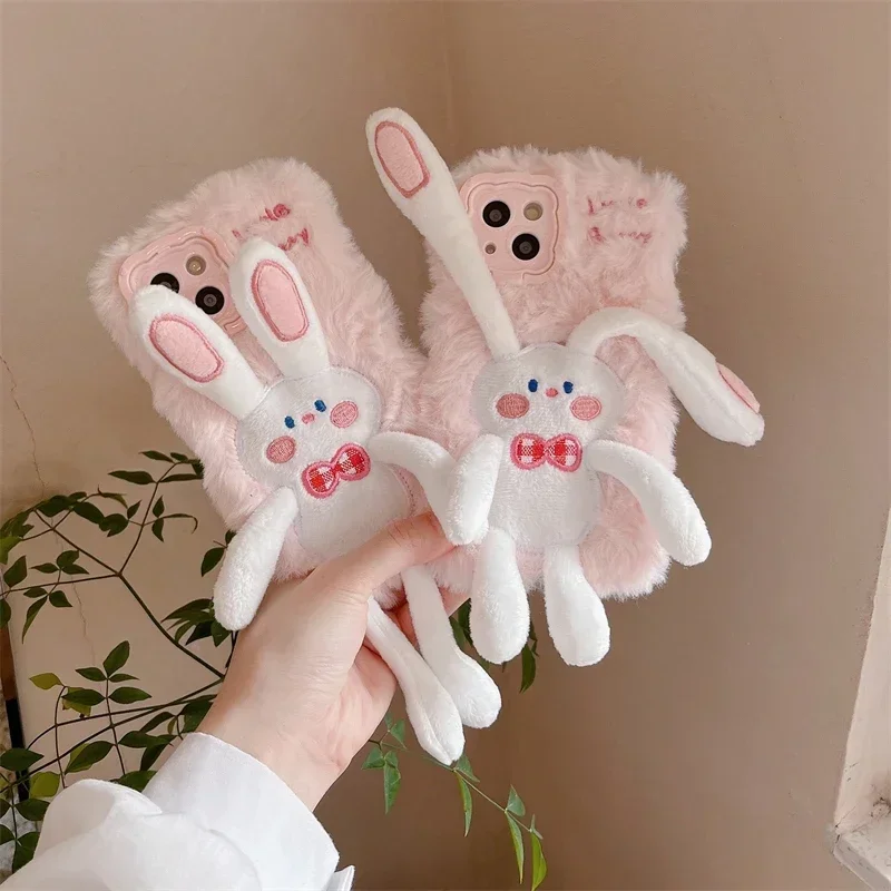 Cute Pull The Rabbit Furry Warm Plush for IPhone 16 15 14 13 Pro Max 14 Plus 15 Plus Fluff Toy Camera Protect Phone Case