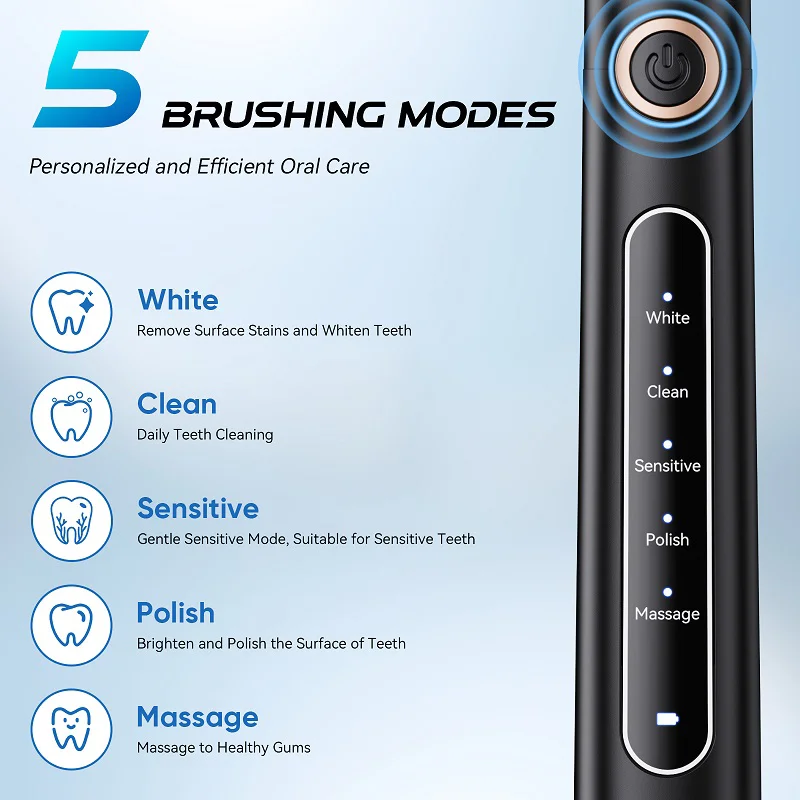 YUNCHi Y5 Sonic Electric Toothbrush Adult Timer Brush USB Rechargeable Electronic Tooth Brush Heads
