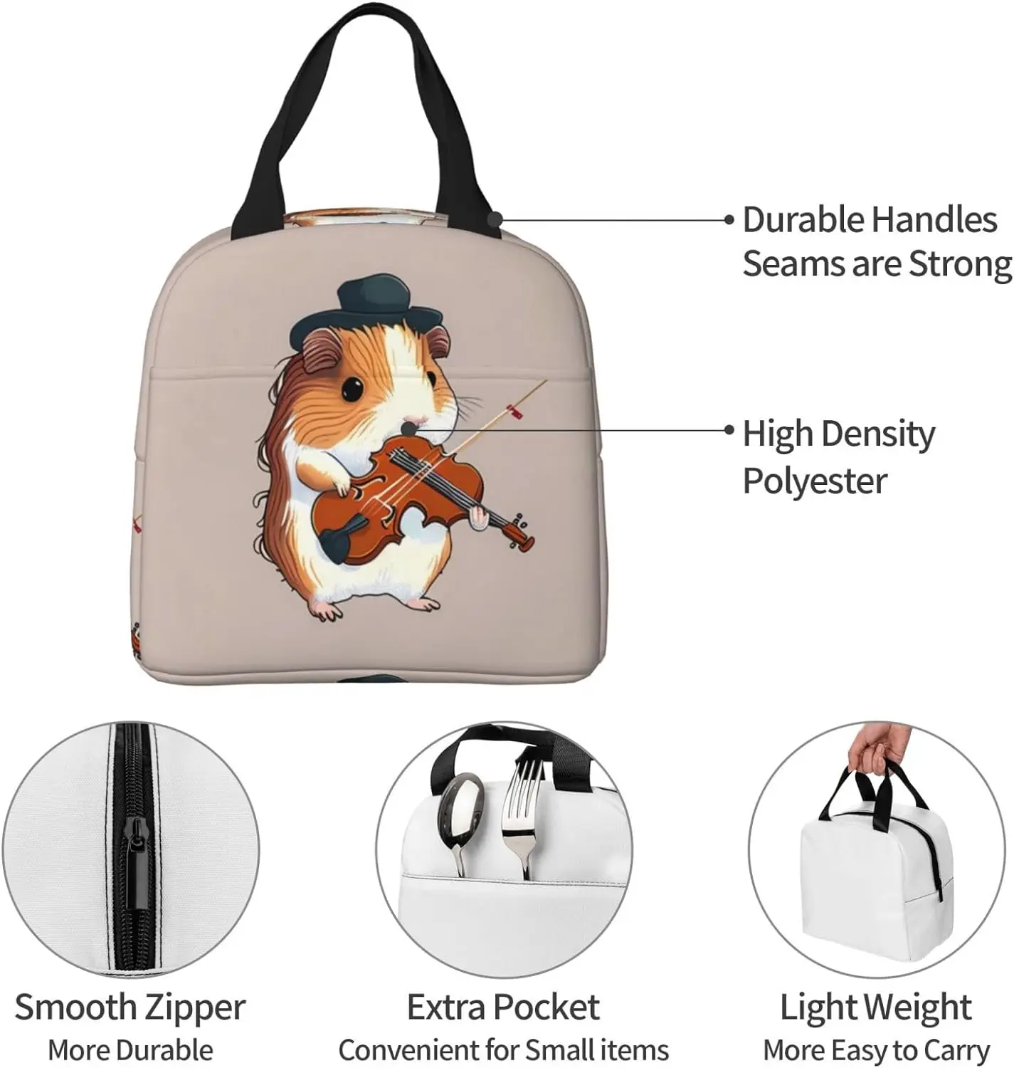 Guinea Pig Play Violin Insulated Lunch Bag Thermal Freezable lunch Tote Waterproof Bento Lu nch Box Women Men Lun ch Tote For