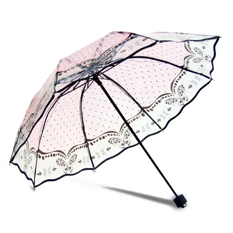 Transparent Folding Non-automatic Umbrella Men Ripple Edge Windproof Rain Umbrella Women Plastic Clear Ladies Outdoor Parasol