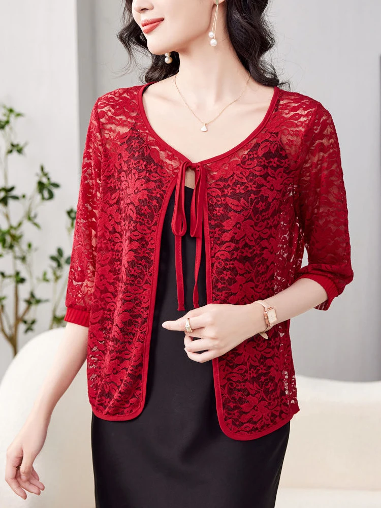 

Lace Cardigans 2025 Sweater Women Spring Summer Hollow Top Femme Fashion Half Sleeve Female Cardigan