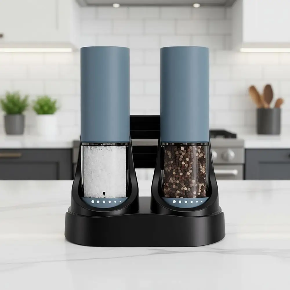 

Dual Charging Base Electric Grinder Set, 6-Level Coarseness, LED Light, Blue