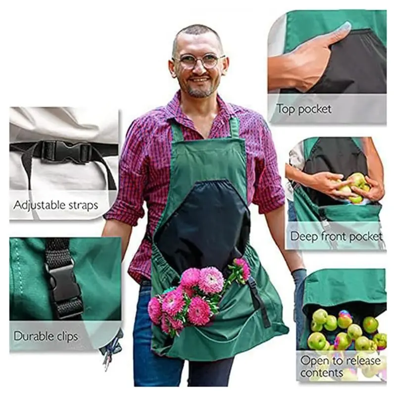Waterproof Chest Pocket And Quick Release Harvest Pouch Included In Versatile Gardening Apron Blue-AT36