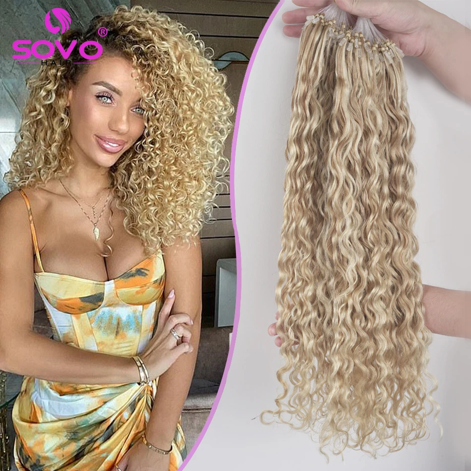 Curly Micro Loop Human Hair Extensions Water Wave Natural Micro Beads Rings European Hair Highlight Balayage Blonde 50 Strands