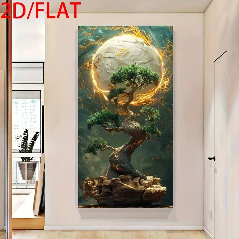 

2D Flat Retro Pine Landscape Canvas Print Golden Tree and Foggy Mountain Pine Plant Wall Art Poster for Living Room Home Decor