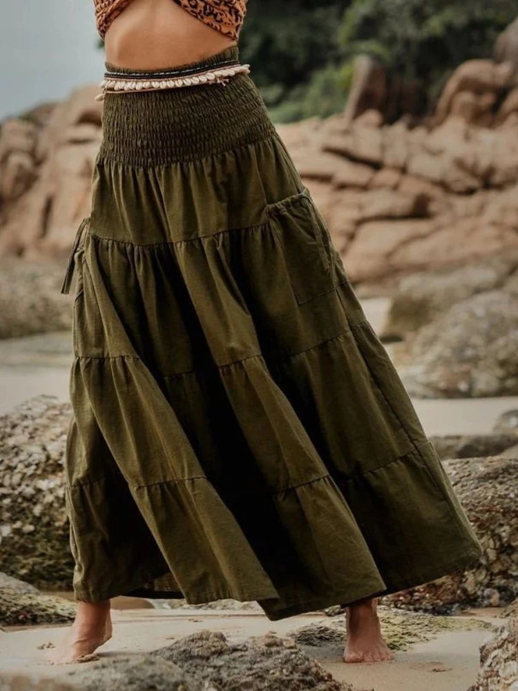 Boho Maxirock Damen Hohe Taille Urlaub Strand Drapierte Lange Röcke Patchwork Einfarbig Kordelzug Taschen Böhmischer Freizeitrock