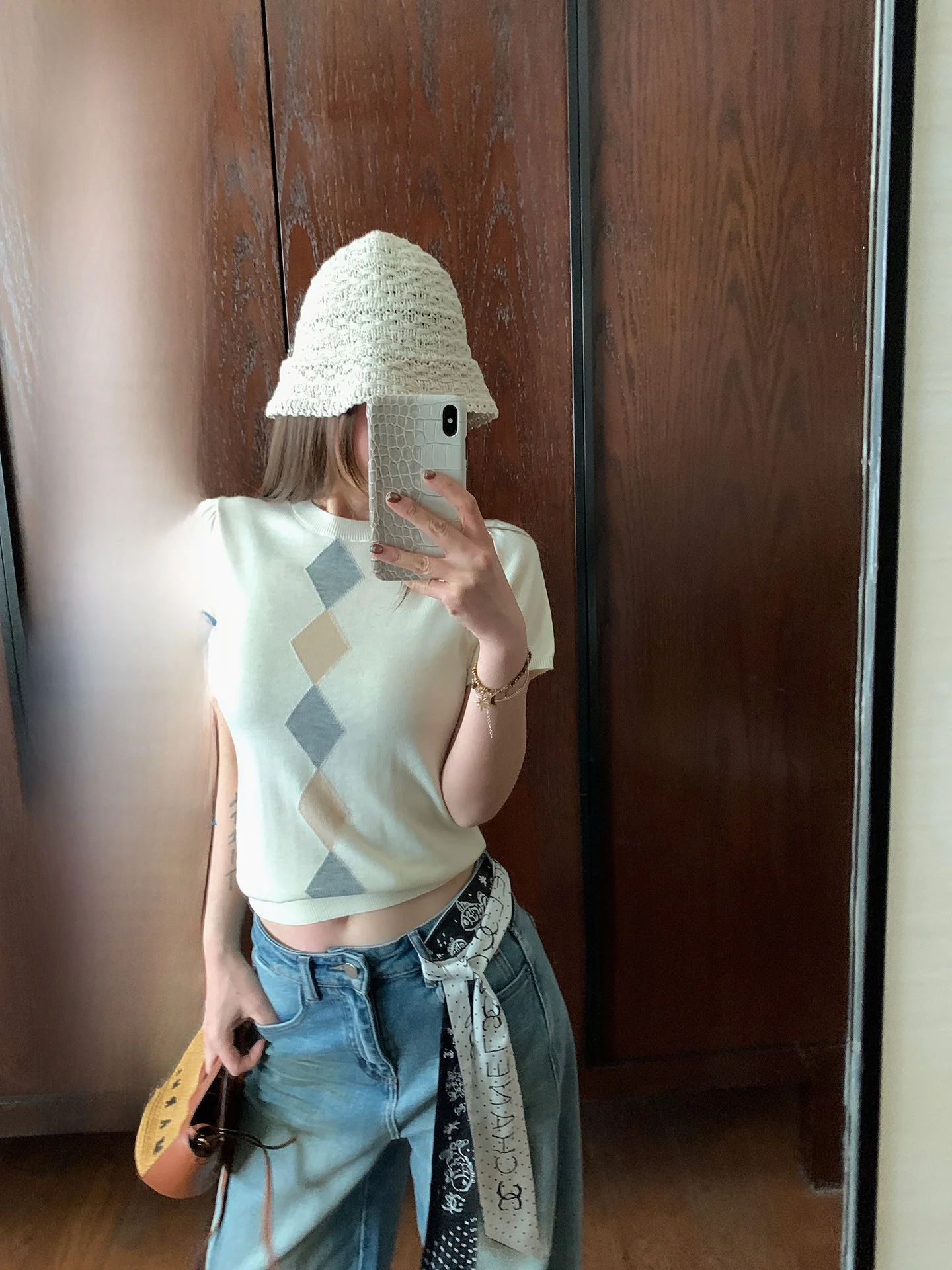 

Женский облегающий вязаный свитер с круглым вырезом и коротким рукавом, весна-лето, новый стиль, универсальный пуловер с ромбовидным узором