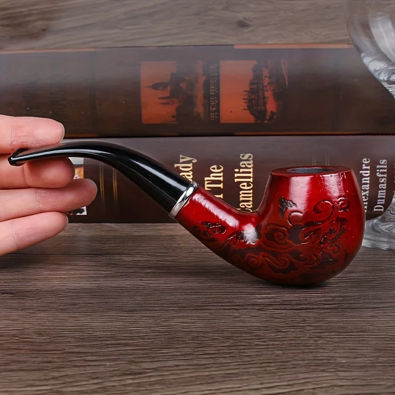 Solid Wood Resin Tobacco Pipe Red Black Pattern Carving Smoke Pipe Elbow Roll Filter Cigarette Holder Herb Grinder Smoking Tools