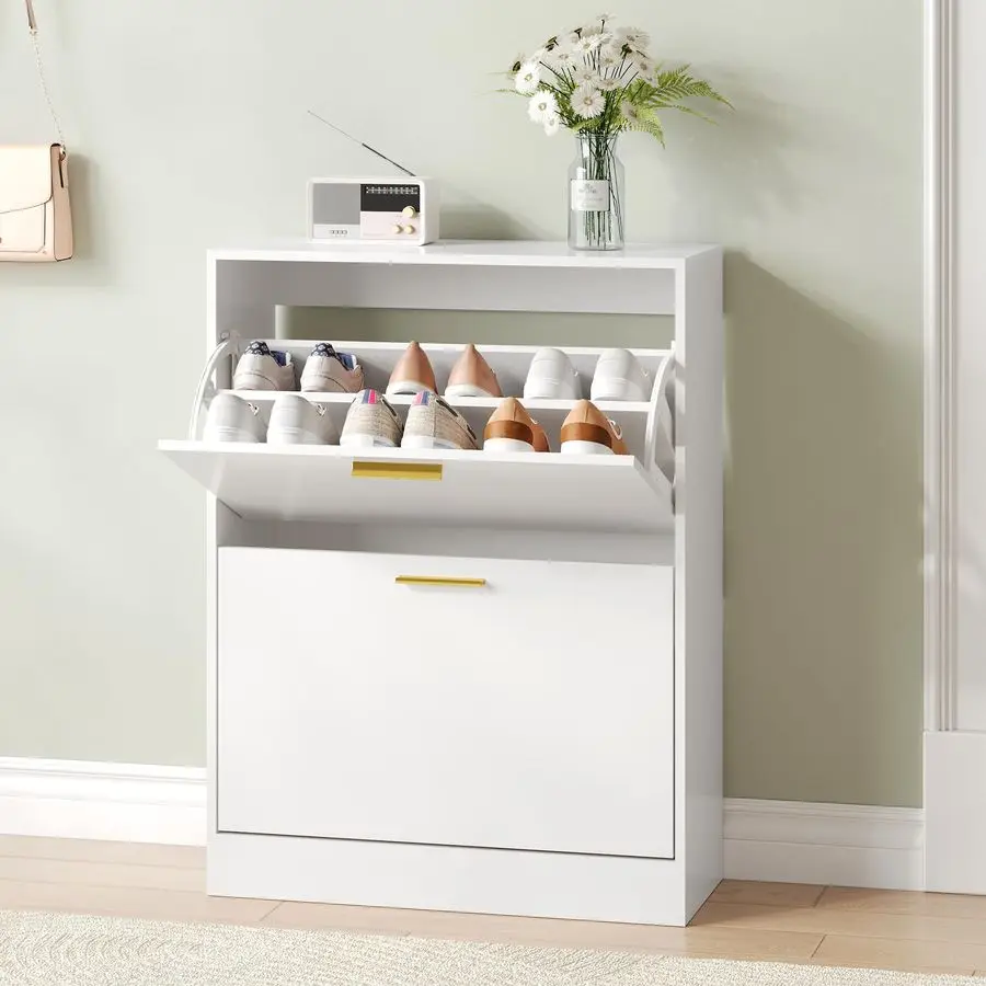 

Fluted Shoe Cabinet Storage for Entryway, White Shoe Organizer with 2 Flip Drawers Open Shelf, Freestanding Hidden Large Shoe S