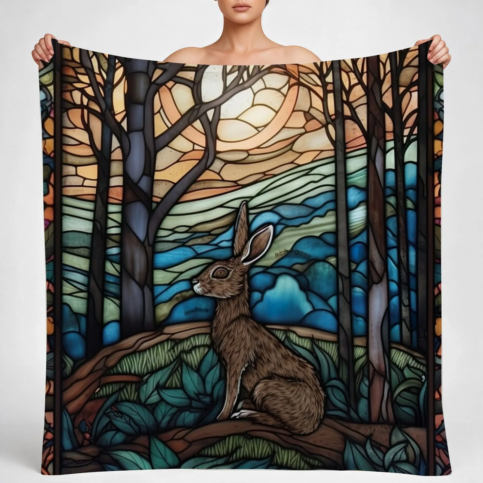 Stained Glass Hare and Moonbeams Throw Blanket couch cozy soft plush fuzzy picnic outdoor blanket