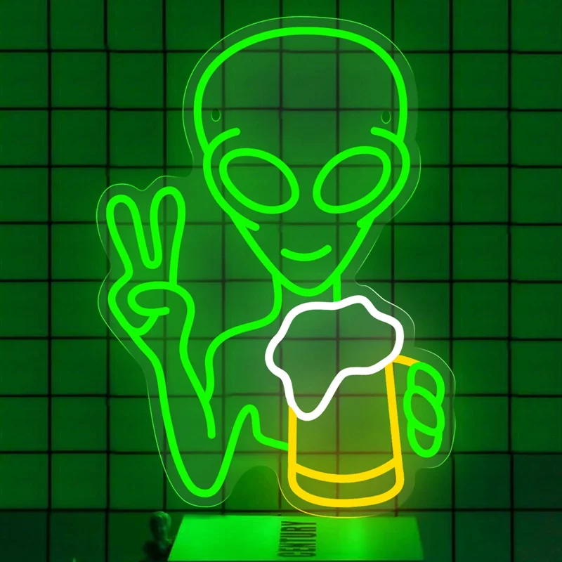 Alien Drinking Beer LED Neon Light Sign Acrylic Neon Sign USB Dimmer Switch For Home Bedroom Party Club Bar Store Wall Art Decor