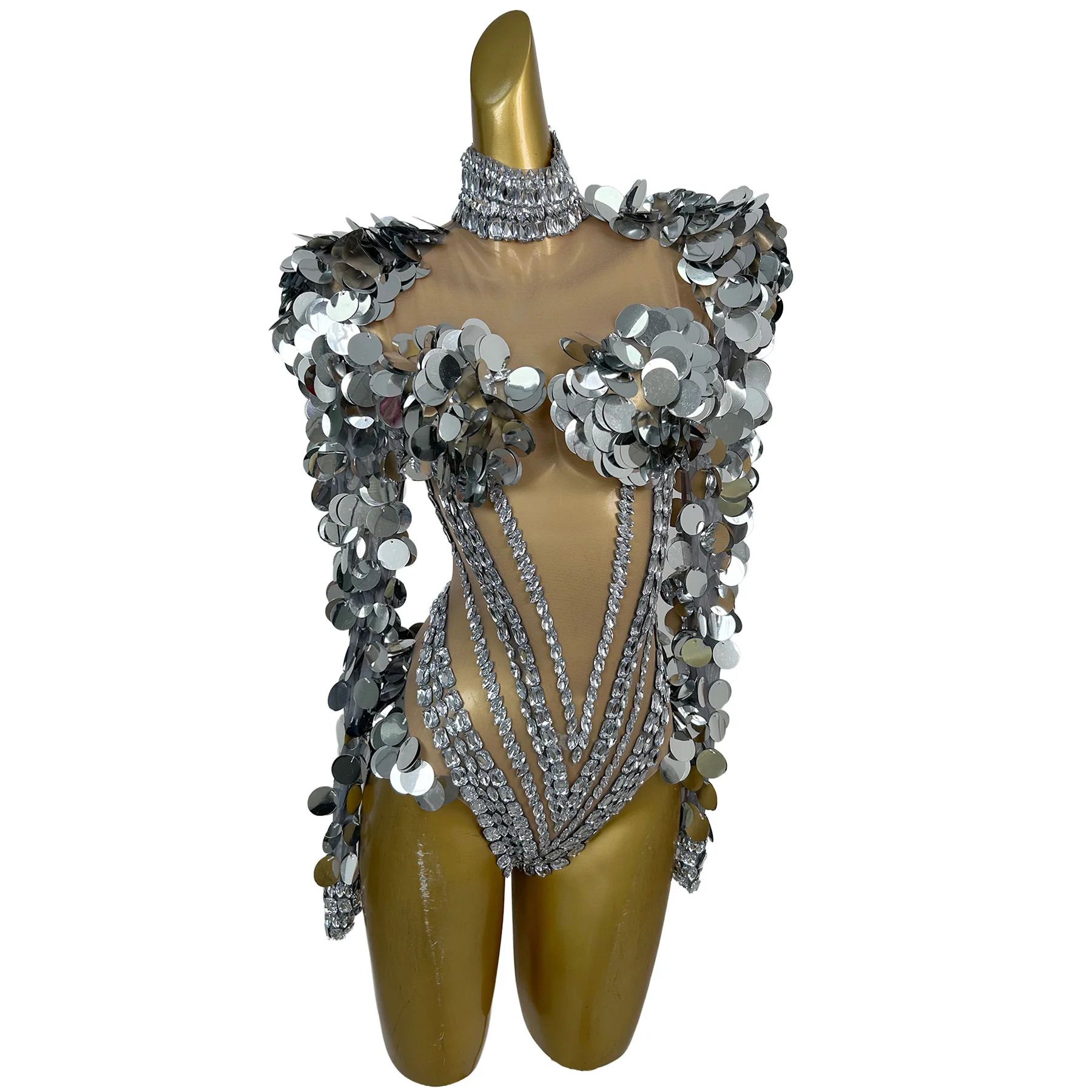 Sparkly Sequins Silver Tight Fitting Bodysuit Sparkly Rhinestone See Through Mesh Sexy DanceSpa Showgirl Party Club Wear Shuiyue