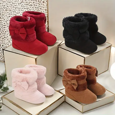 Chaussures d'hiver pour bébés filles de 0 à 18 mois, bottes de neige confortables en peluche, avec nœud mignon, en coton, à semelles souples, antidérapantes, pour tout-petits