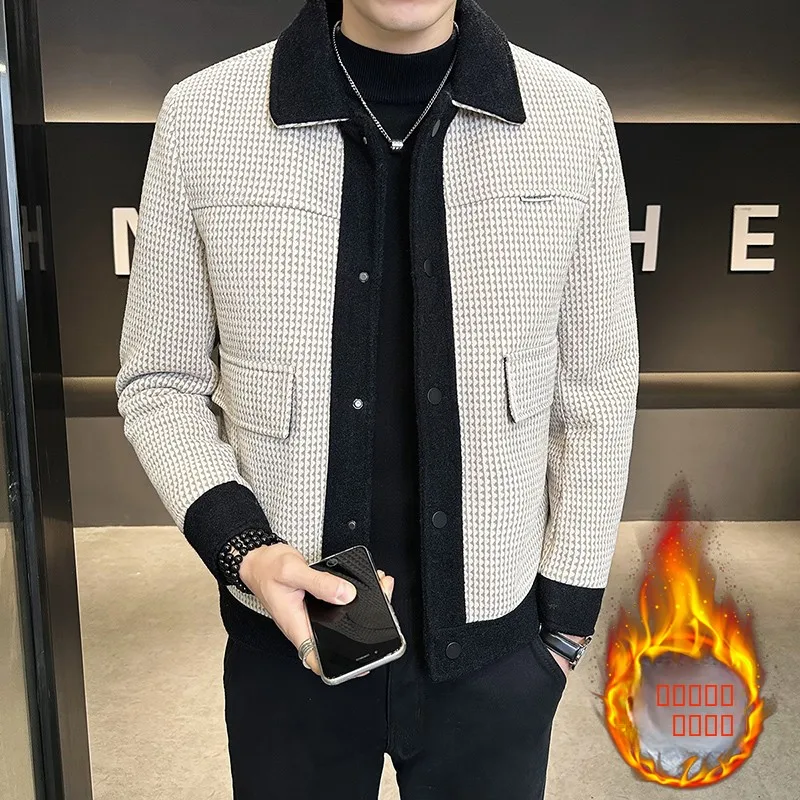 

Men's Winter Thiened Woolen Jaet Casual Sle Turn-down Collar Workwear Coat Korean Trendy Casual Top Youth Faion