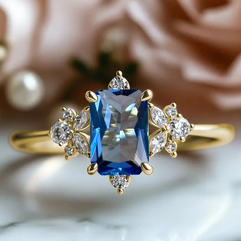 Huitan Eleganter Damenring für Hochzeit, Verlobung, luxuriös, mit hellblauem CZ-Stein, Party-Accessoires, zarter Damenschmuck, Geschenk – Detail 11