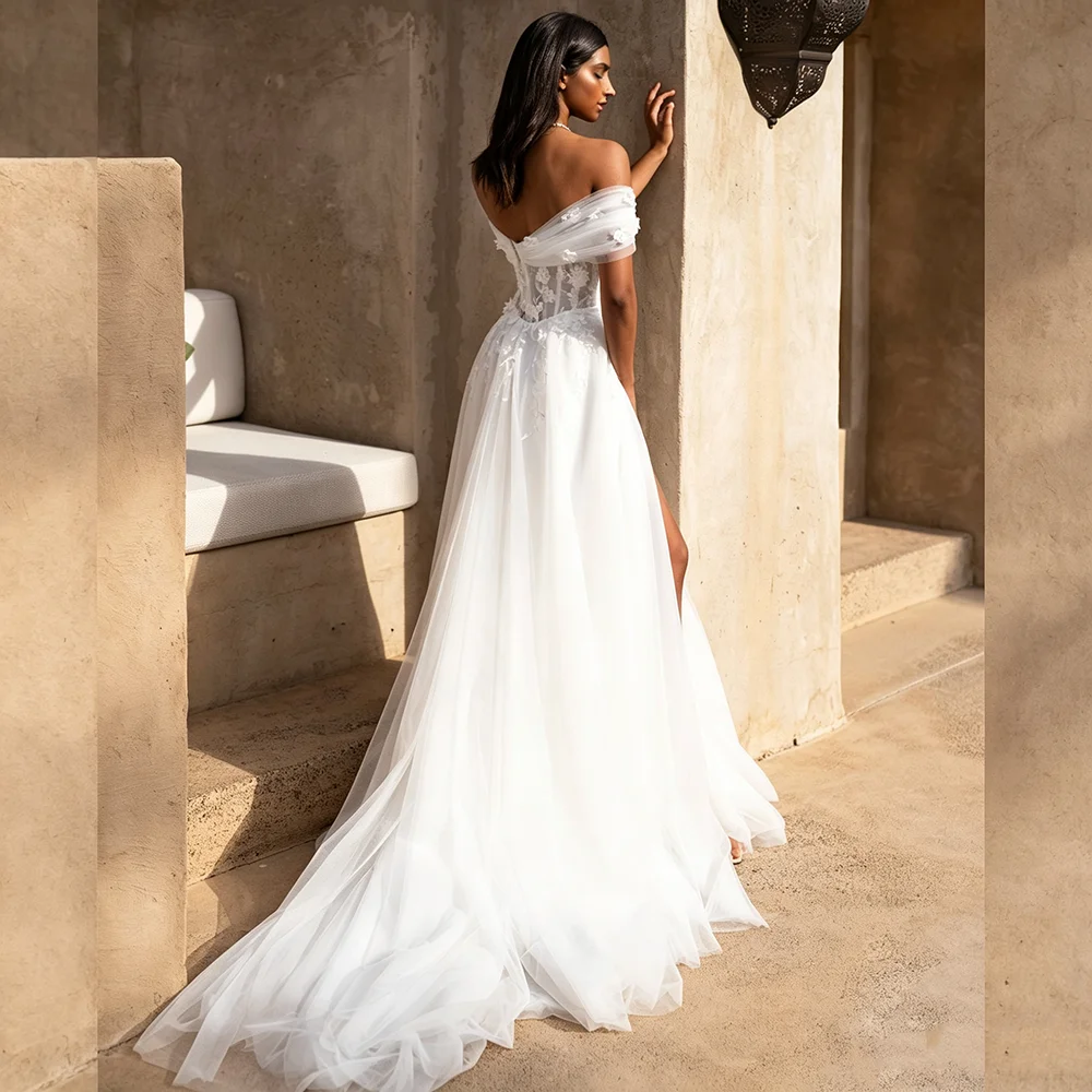 Off The Shoulders Lace Tulle Wedding Dress Women's High Slit Corset Bodice Chapel Train Bridal Gown For Beach Wedding Party 2026