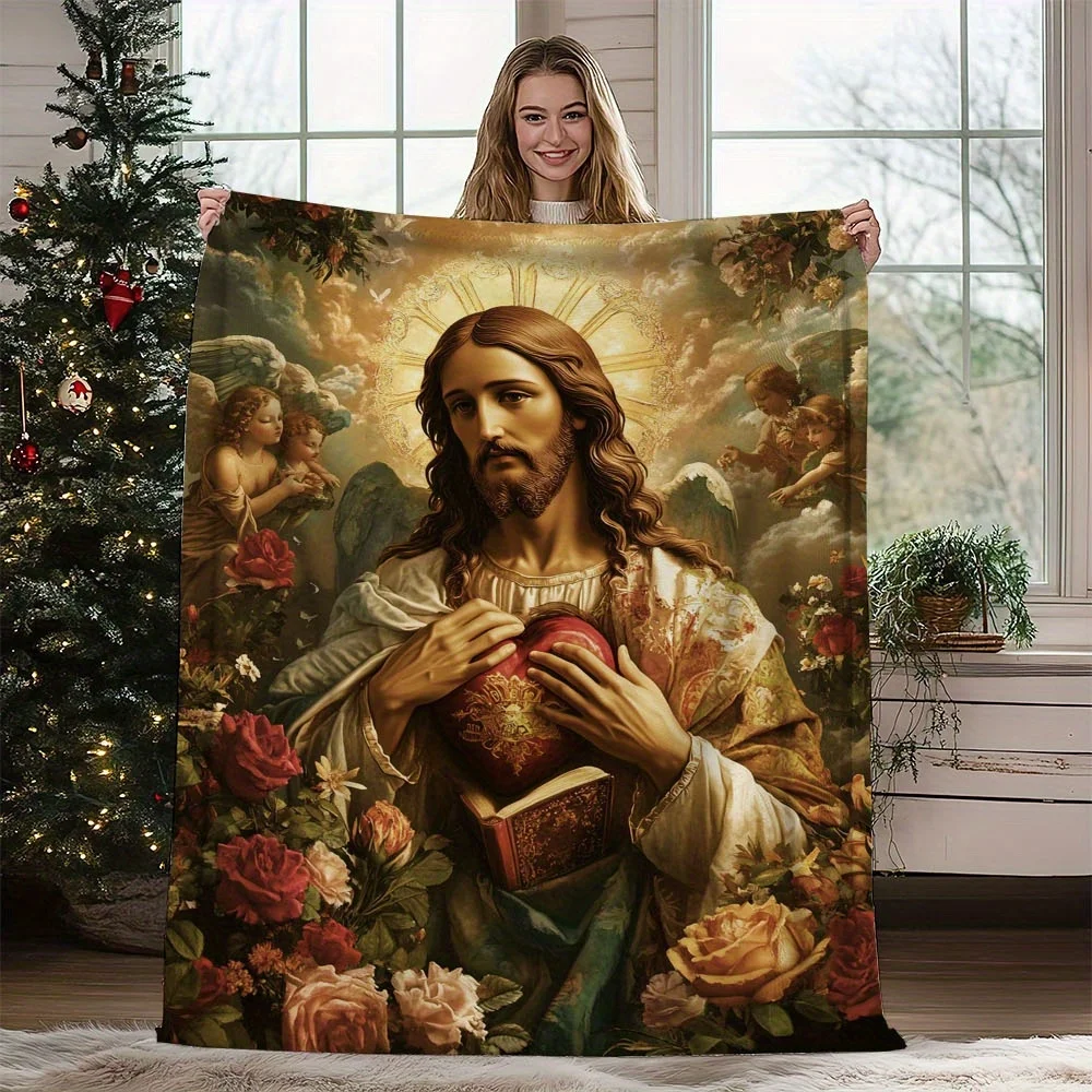 

1 piece Sacred Heart Jesus flannel blanket - vibrant angel pattern with golden halo, red roses and clouds, soft, suitable