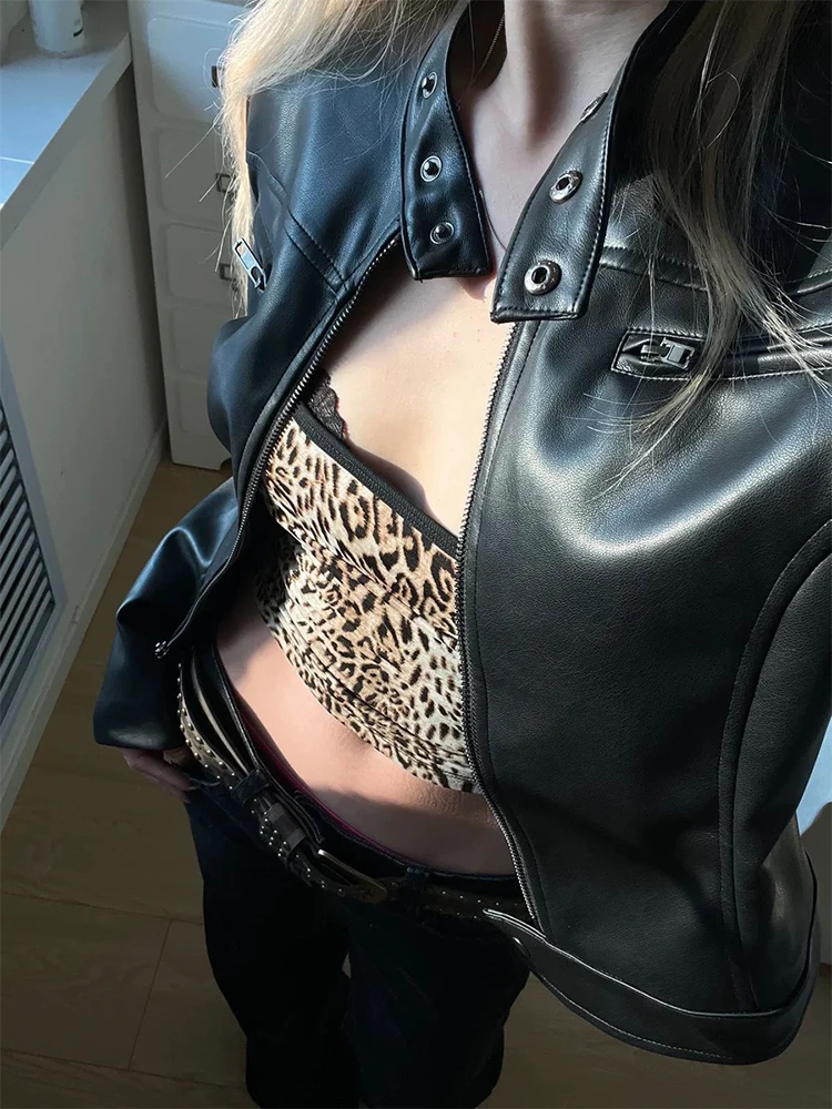 2025 Autunno Inverno Donna Punk 2000s Pu Ecopelle Giacca da corsa Manica lunga Crop Coat Harajuku Outwear Grunge Dark Academia