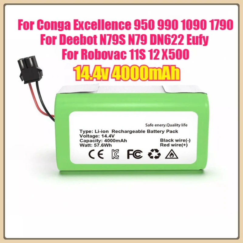 14.4V 4000mAh Li-ion Battery for Conga Excellence 950 990 1090 1790 Deebot N79S N79 DN622 Eufy Robovac 11S 12 X500 Battery