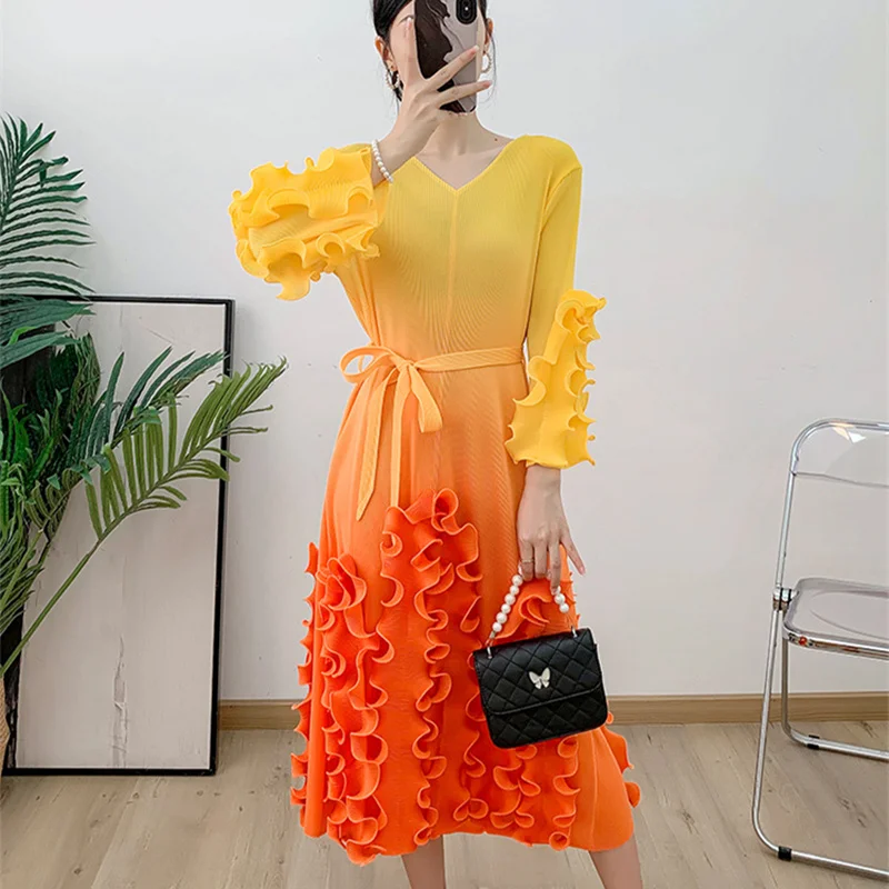 Miyake gaun Midi lipit terbungkus gradien Fashion Vestidos perban longgar renda tinggi kerutan Floral leher V untuk wanita