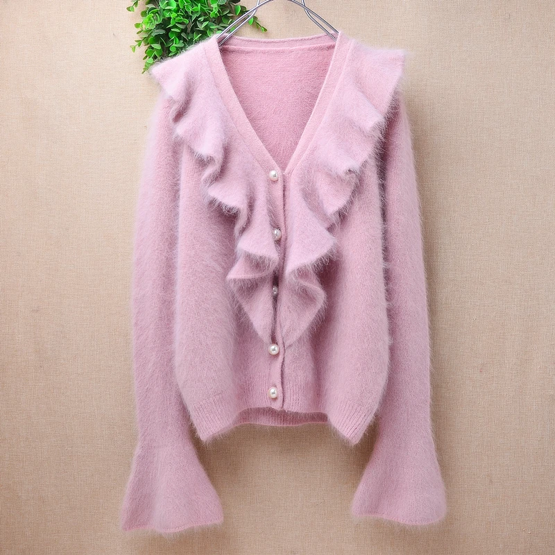 

Ladies Women Autumn Winter Fashion Pink Angora Rabbit Hair Knitted V-Neck Long Sleeves Falbalas Slim Cardigans Sweater Jacket
