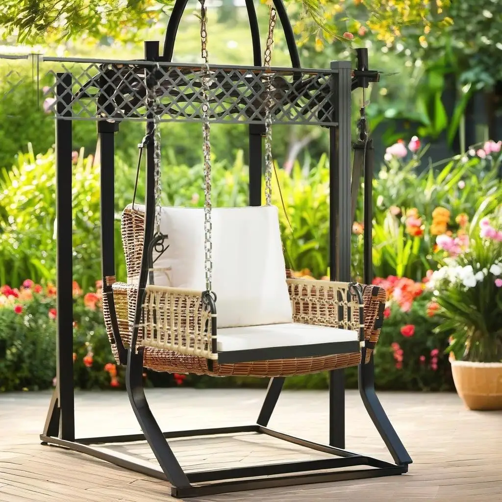 Poly Rattan Swing Chair with Cushions - 24.8x22.8x15.4 inch Steel Frame Outdoor Relaxation