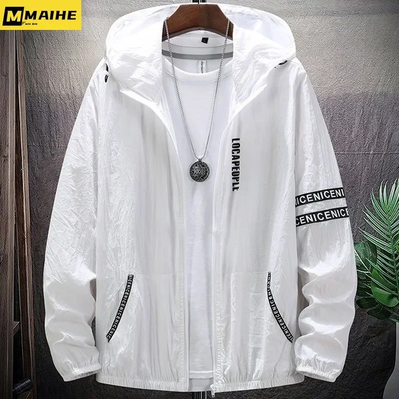 Summer Skin Coats Men Ultra Light UV Sun Protection Big Size Hooded Windbreaker Jacket Men  Striped Casual Outwear 8XL 9XL