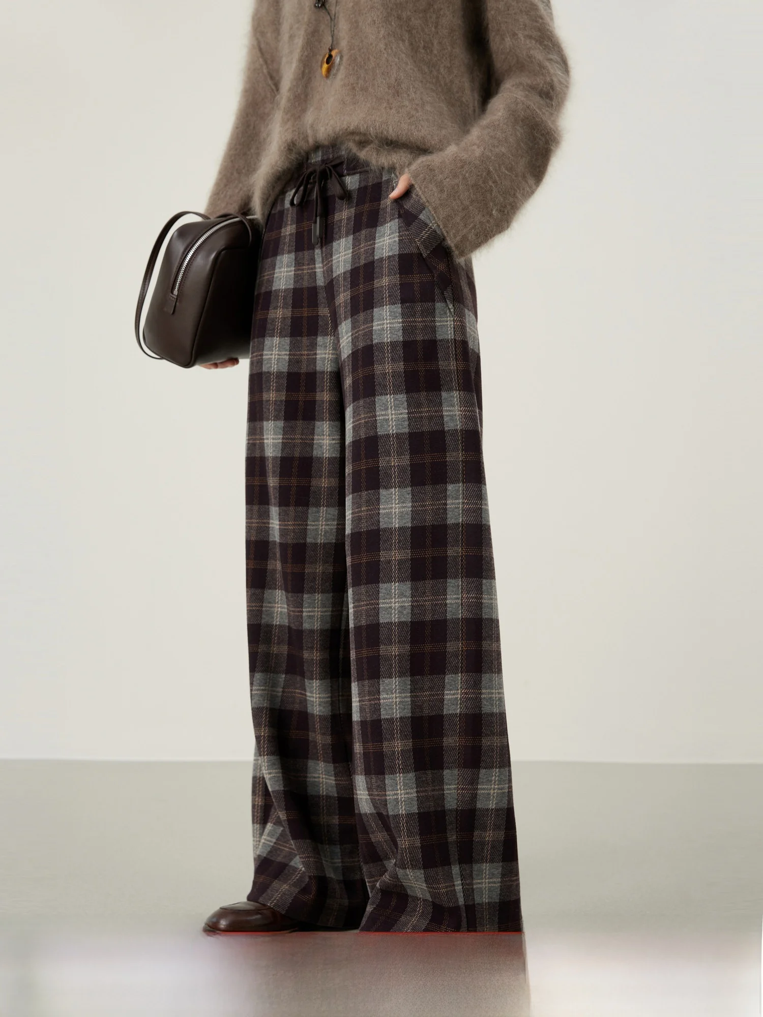 

Classic Plaid Straight Leg Dstring Lazy Casual Pants Women's High Waist Polyester Blend Comfortable Fit Autumn New Arrival