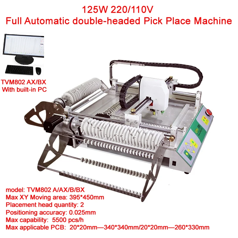 125W Full Automatic Double Headed Pick Place Machine with 2 Cameras Visual System TVM802 SMT Machine For Small PCB Assembly Line