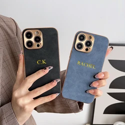 Personalised Leather Case For Iphone 11 12 13 14 15 16 Pro Max Custom Name Initials Monogram Aluminum Metal Lens Plating Cover