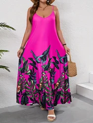 Plus Size Tropical Print Cami Dress, Vacation Style Long Length Sleeveless Dress For Spring & Summer, Women's Plus Size Clothing