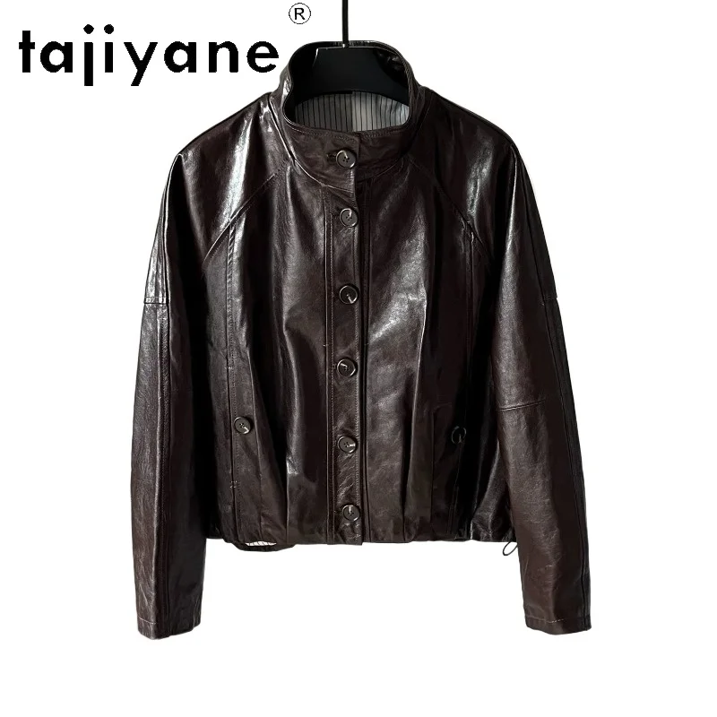 TAJIYANE Genuine Leather Jacket Women Cropped Sheepskin Biker Jackets New Leather Coat Stand Collar Outerwear Streetwear Jaqueta