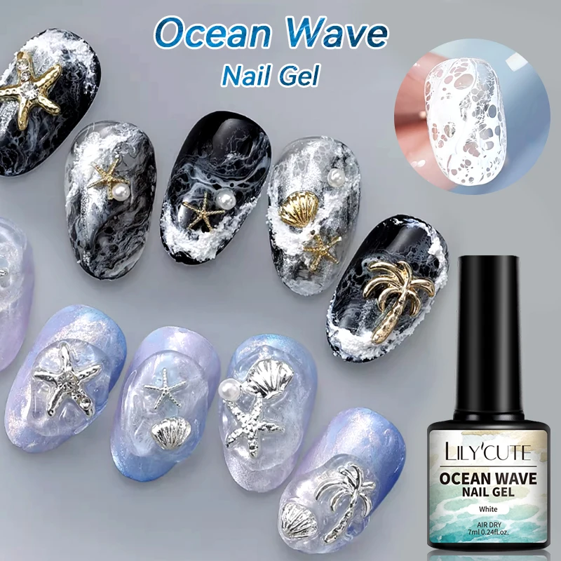 LILYCUTE 7ml Ocean Wave Gel Nail Polish White Watercolor Nail Poke Lace Hollow Gradient Varnish Soak Off Nail Art Design