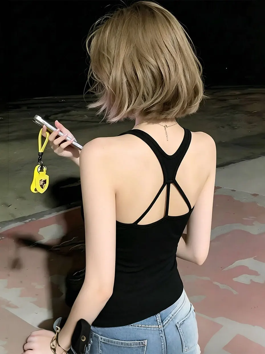Unique Design Hollow out Backless Tank Top Women's Outerwear Bra Integrated Slimming Short Style Upper Apparel
