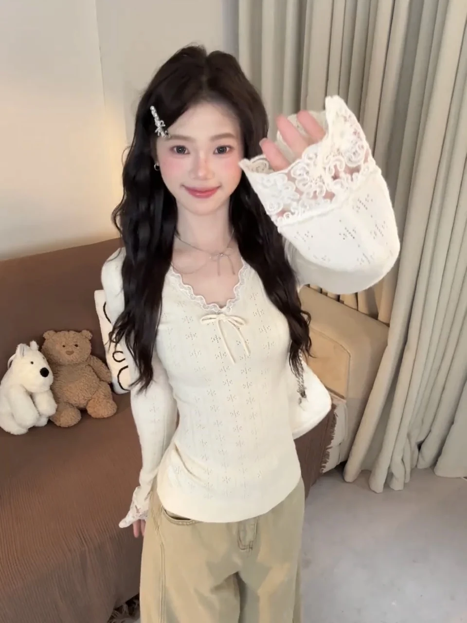 Top de Punto Francés con Encaje, Cuello en V, Manga Larga, Ajustado, Capa Base para Mujer, Otoño Invierno, Moda Juvenil