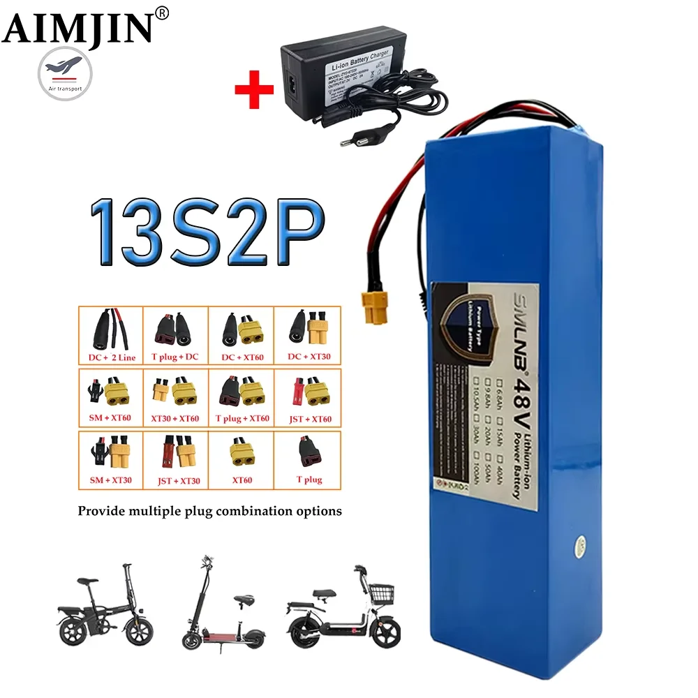 

18650 Powerful Battery Pack 48V 13S2P Lithium Battery 10.5Ah, Rechargeable Li-ion Battery Pack, with 54.6v Charger